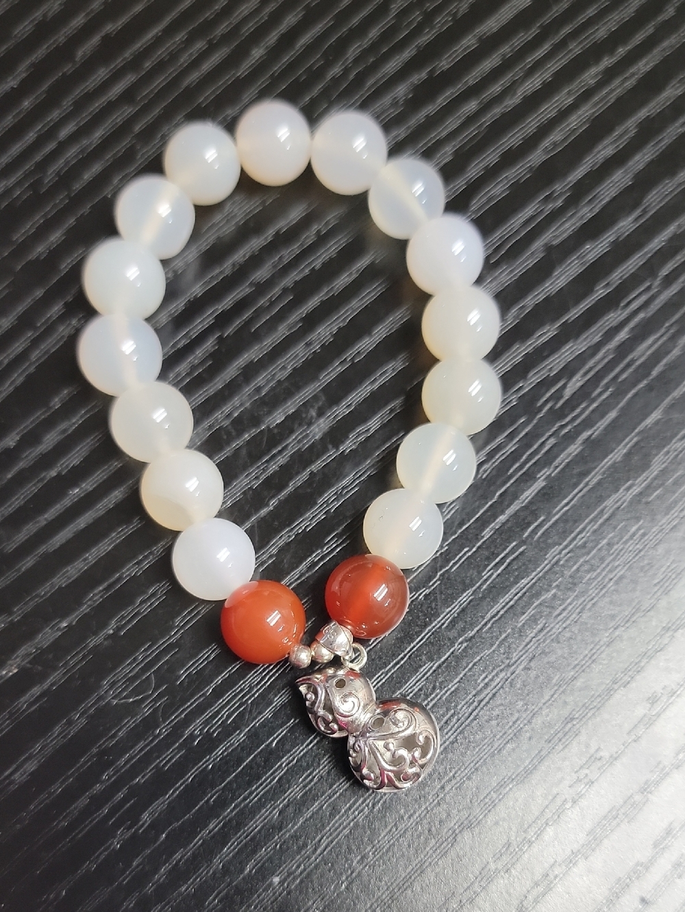 Cream Moonstone Brick Red Carnelian Bead Bracelet with 925 Sterling Silver Charm
